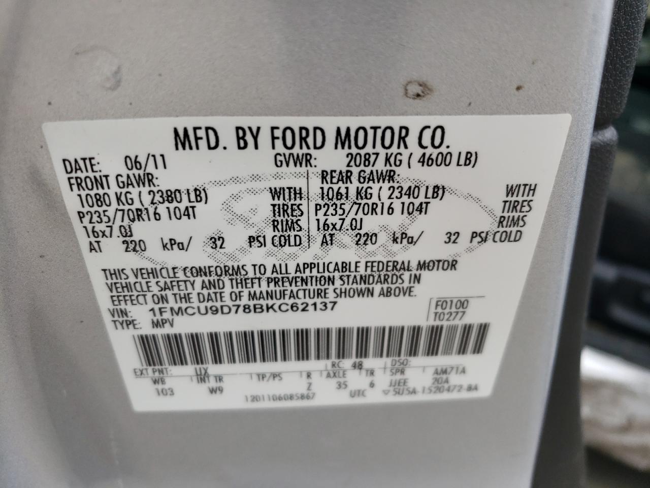 1FMCU9D78BKC62137 2011 Ford Escape Xlt