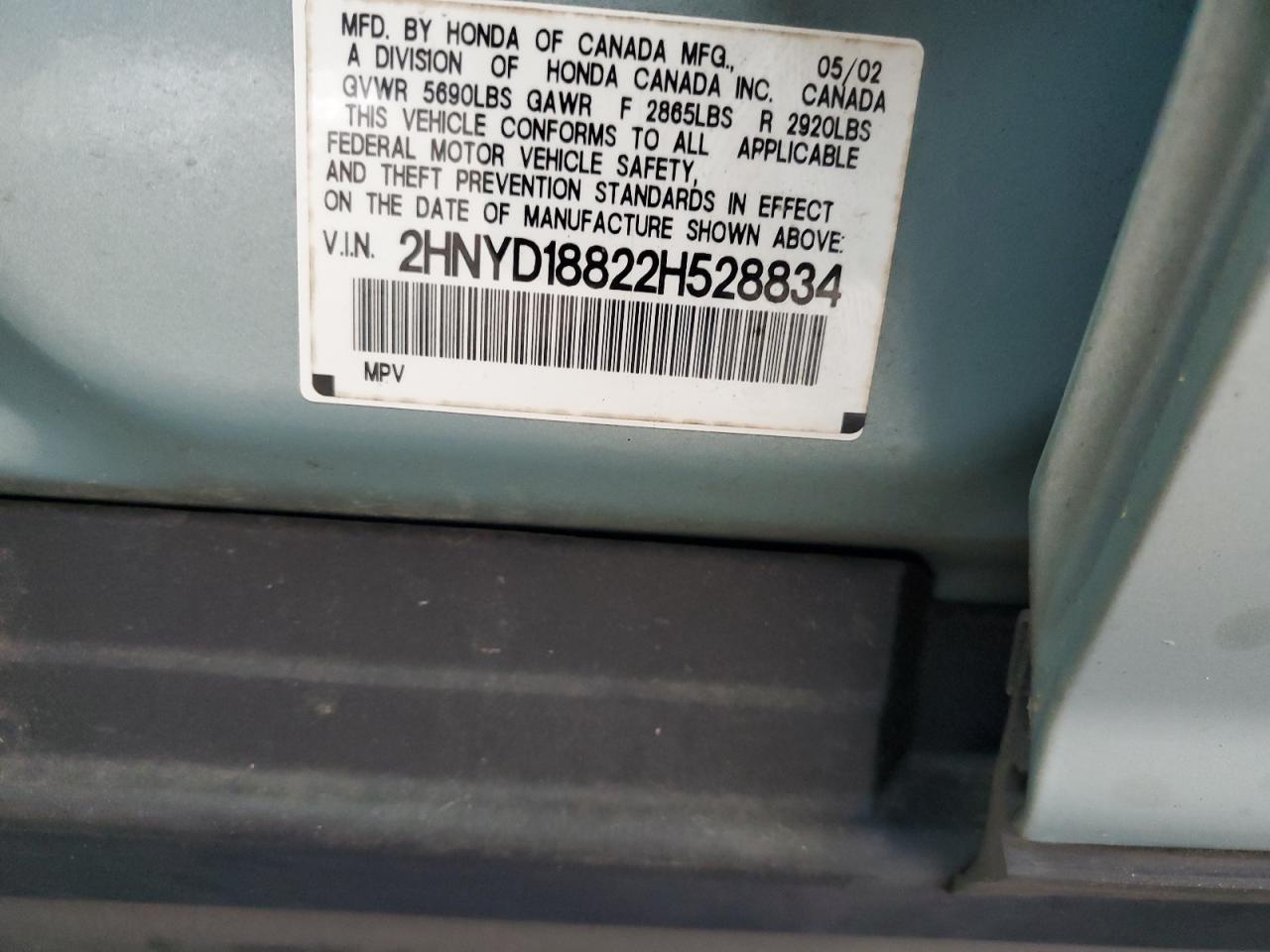 2002 Acura Mdx Touring VIN: 2HNYD18822H528834 Lot: 58839054