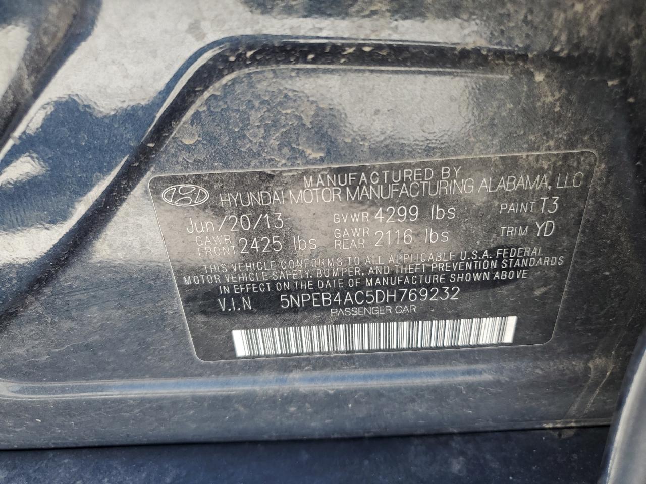 2013 Hyundai Sonata Gls VIN: 5NPEB4AC5DH769232 Lot: 59133244