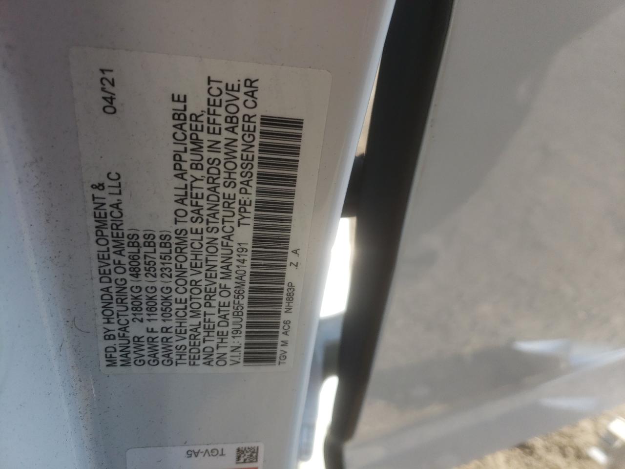 2021 Acura Tlx Tech A VIN: 19UUB5F56MA014191 Lot: 57083754