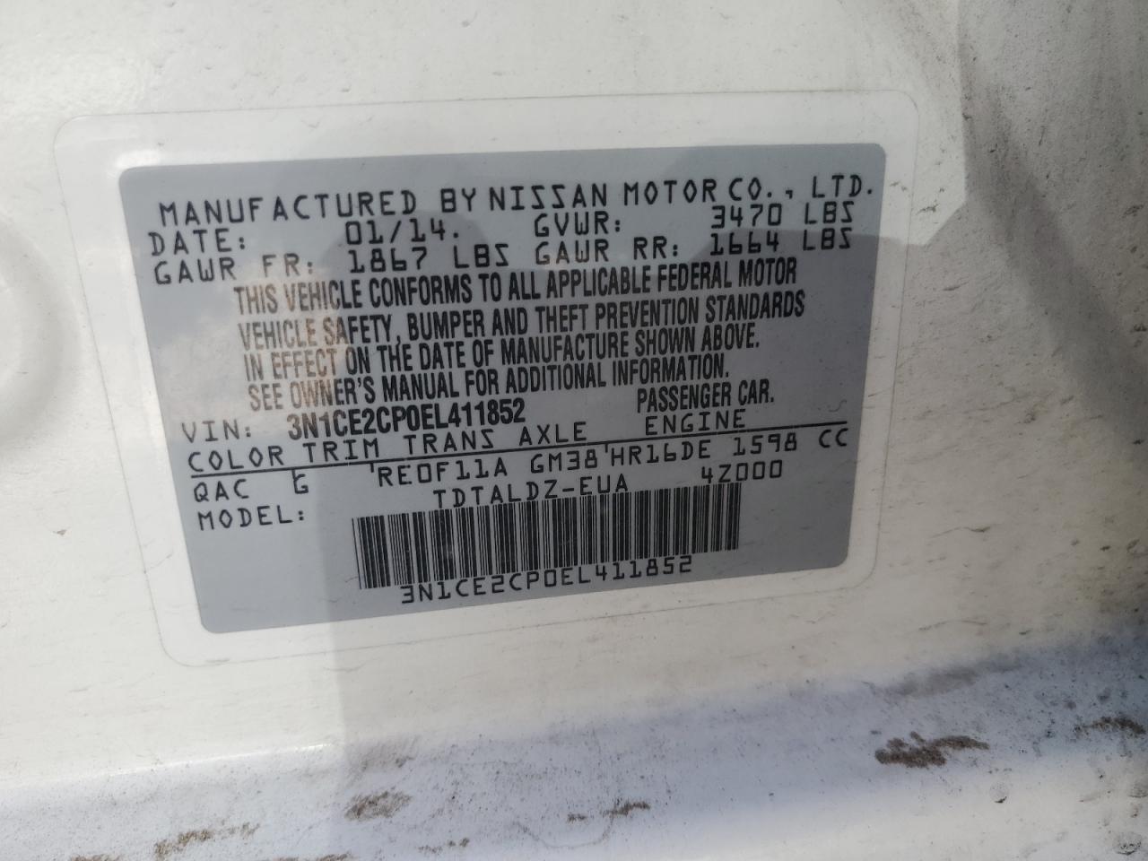 3N1CE2CP0EL411852 2014 Nissan Versa Note S