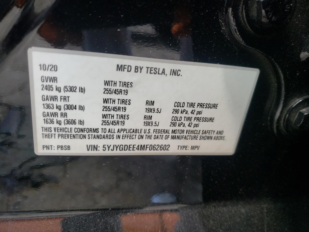 2021 Tesla Model Y VIN: 5YJYGDEE4MF062602 Lot: 57289874