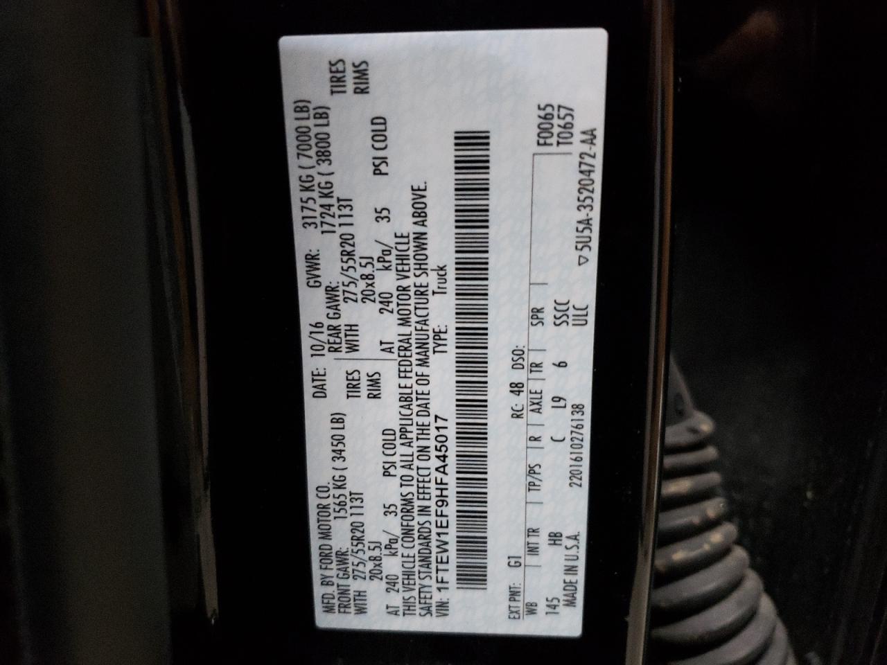 2017 Ford F150 Supercrew VIN: 1FTEW1EF9HFA45017 Lot: 57401214