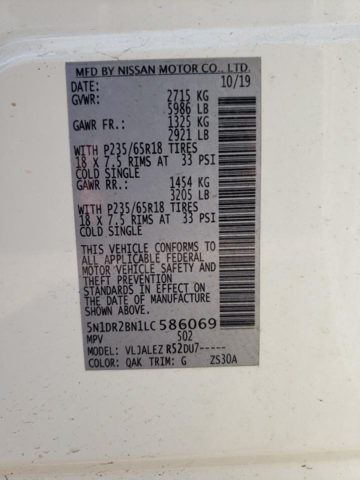 2020 Nissan Pathfinder Sv VIN: 5N1DR2BN1LC586069 Lot: 58940684