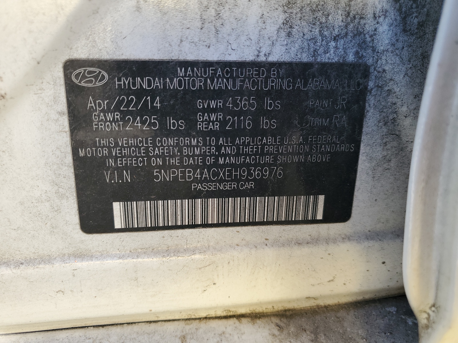 5NPEB4ACXEH936976 2014 Hyundai Sonata Gls