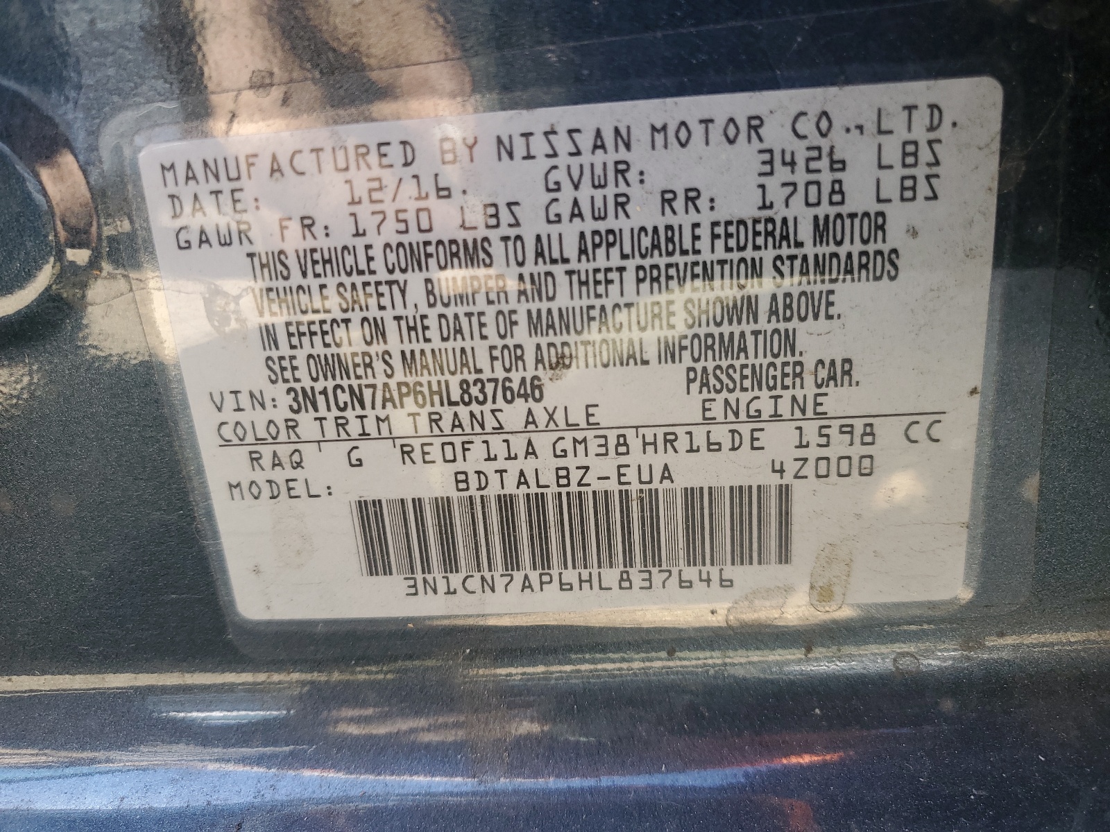 3N1CN7AP6HL837646 2017 Nissan Versa S