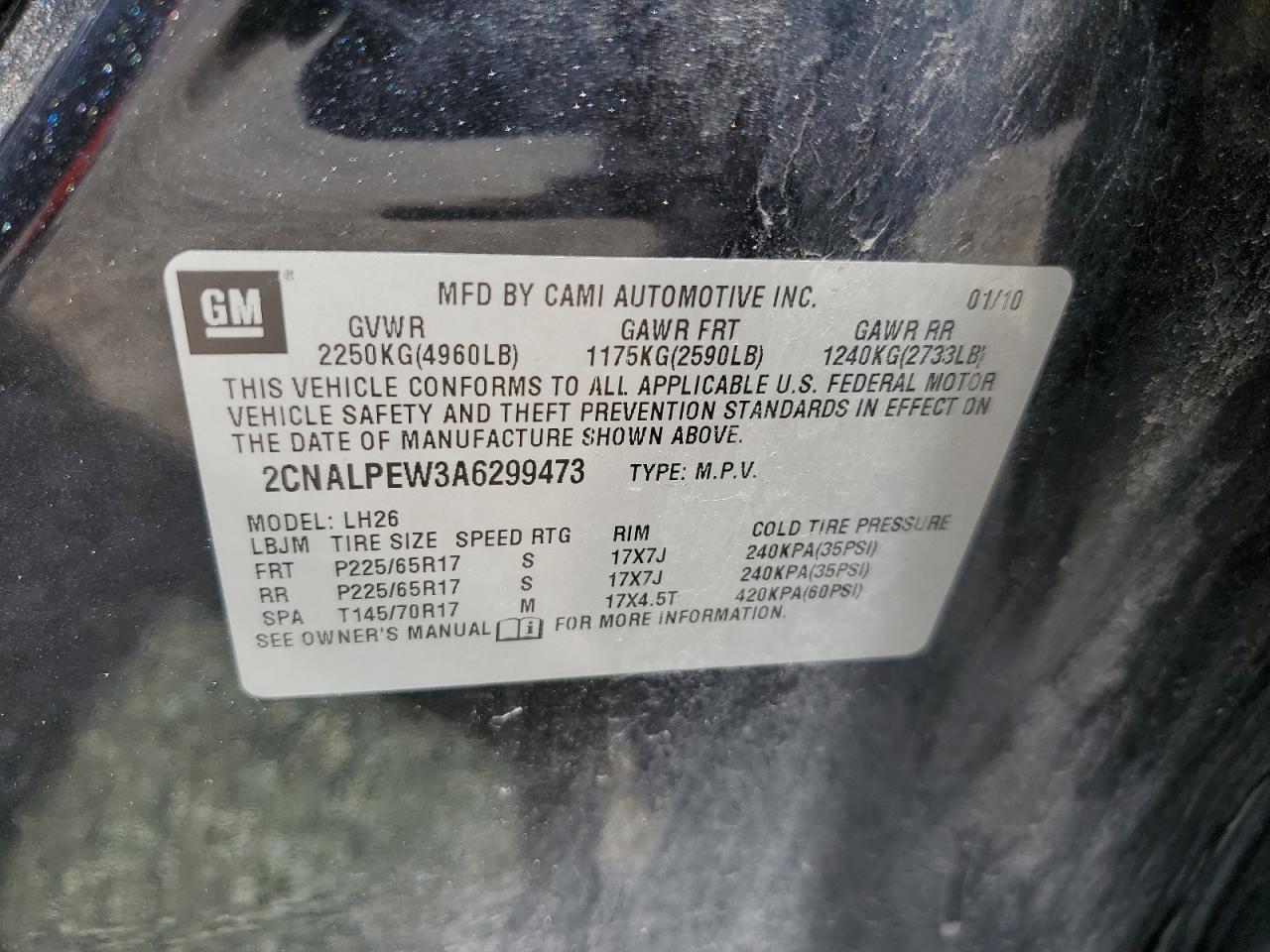 2010 Chevrolet Equinox Lt VIN: 2CNALPEW3A6299473 Lot: 62065365