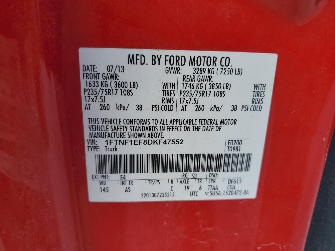 2013 Ford F150 VIN: 1FTNF1EF8DKF47552 Lot: 59483704