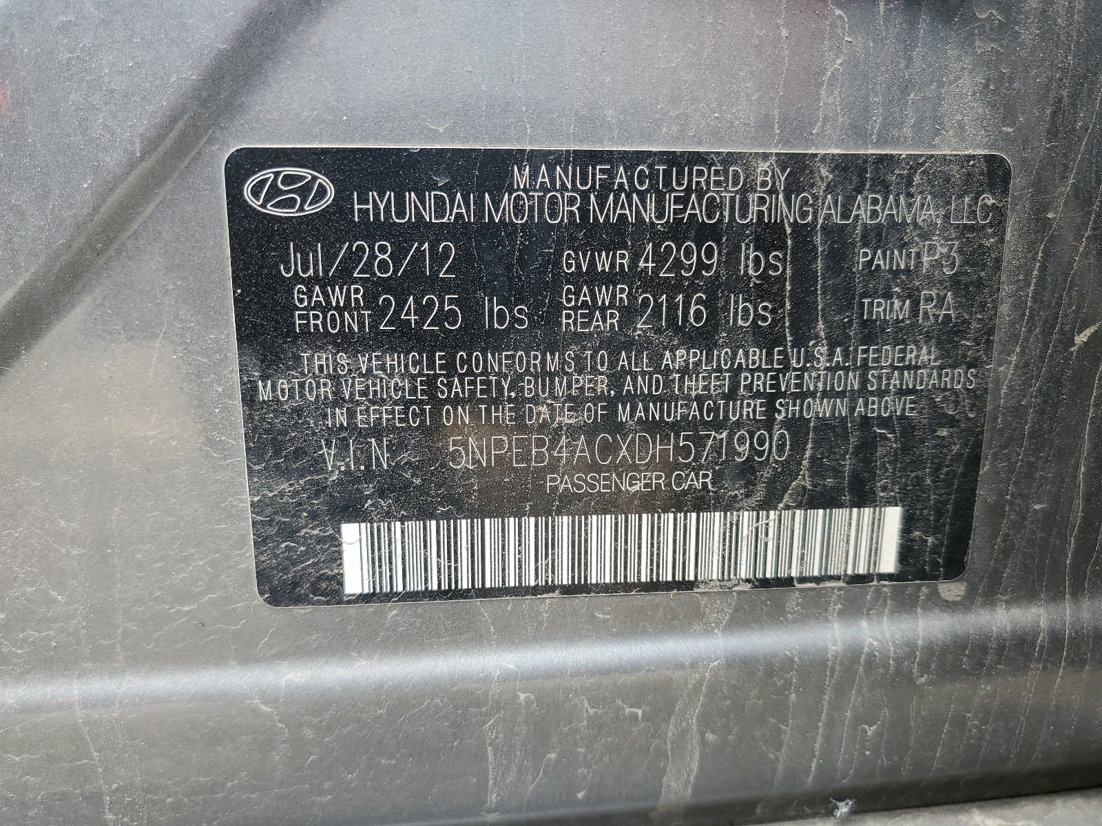 5NPEB4ACXDH571990 2013 Hyundai Sonata Gls