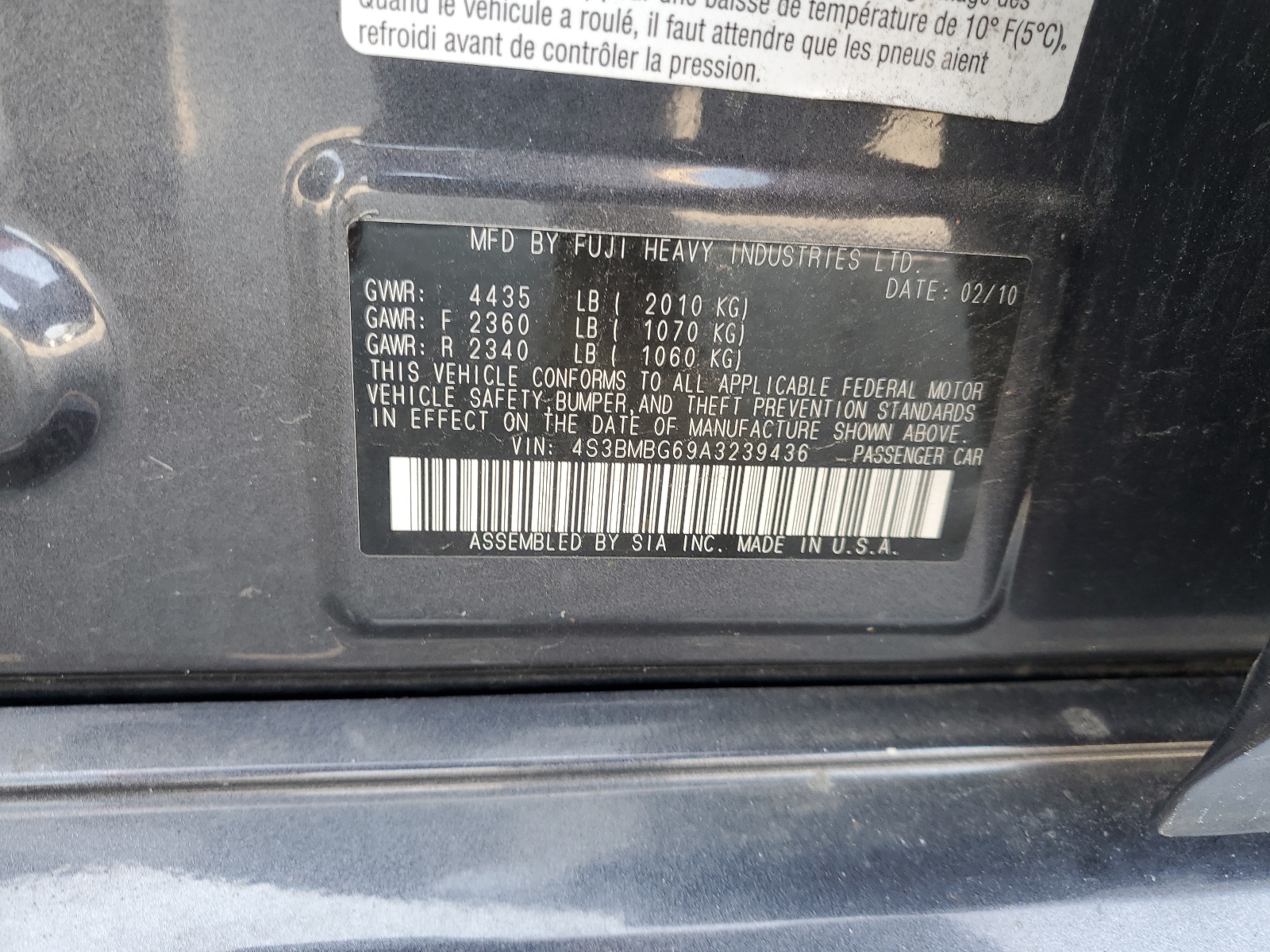 4S3BMBG69A3239436 2010 Subaru Legacy 2.5I Premium