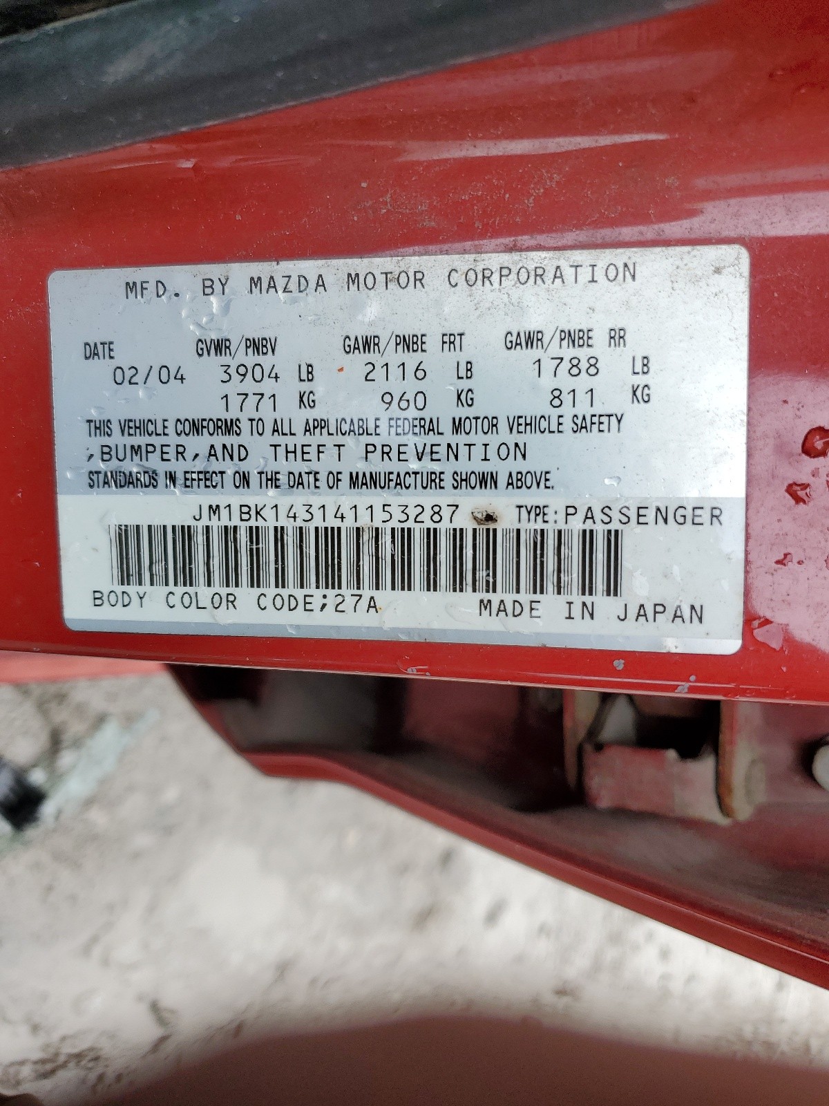 JM1BK143141153287 2004 Mazda 3 Hatchback