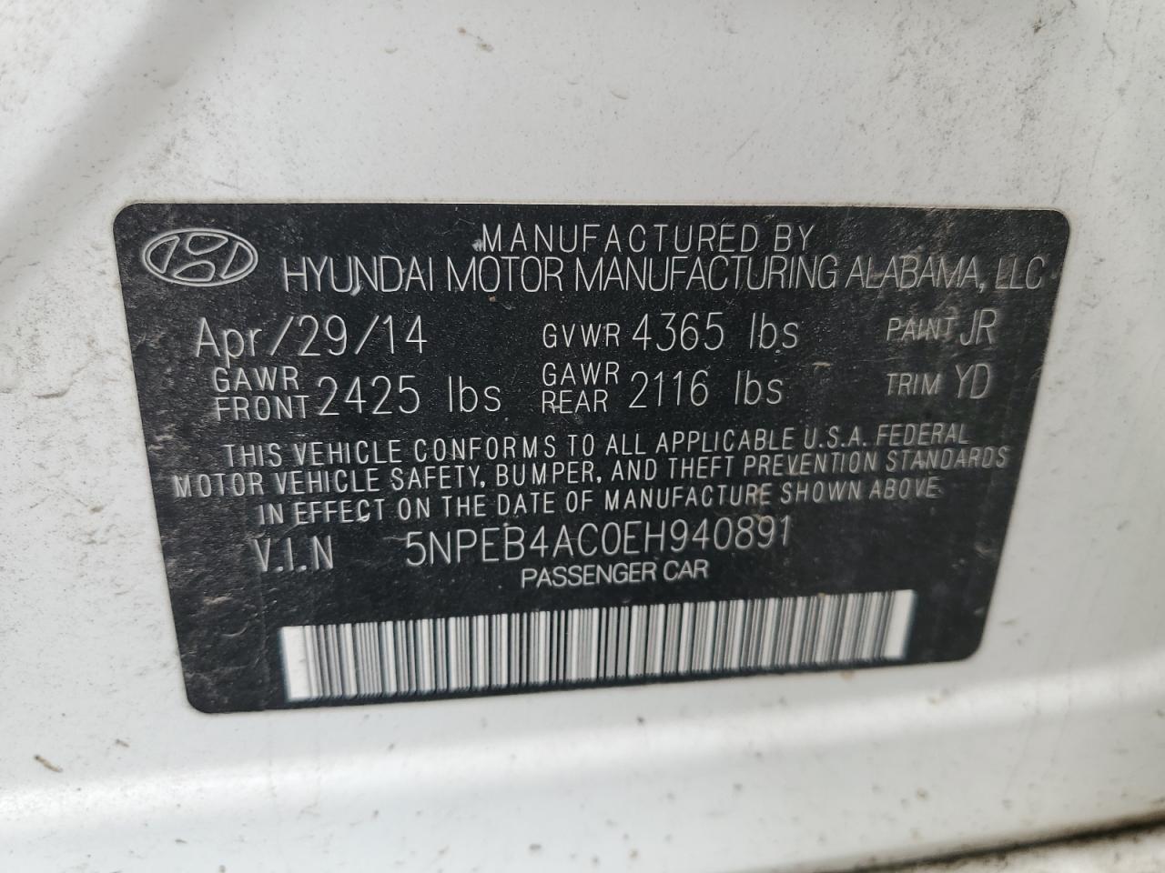 2014 Hyundai Sonata Gls VIN: 5NPEB4AC0EH940891 Lot: 57470134