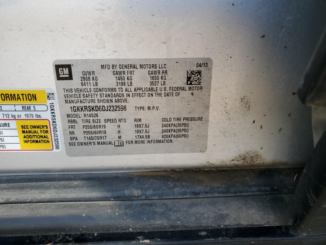 2013 GMC Acadia Slt-2 VIN: 1GKKRSKD6DJ232598 Lot: 58953324