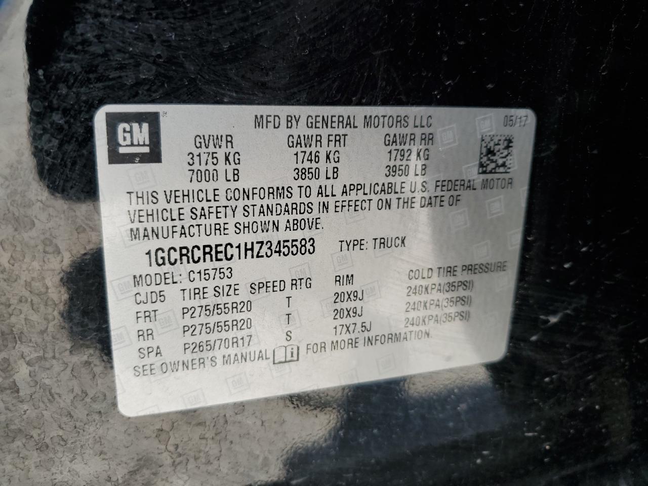 VIN 1GCRCREC1HZ345583 2017 CHEVROLET ALL Models no.13