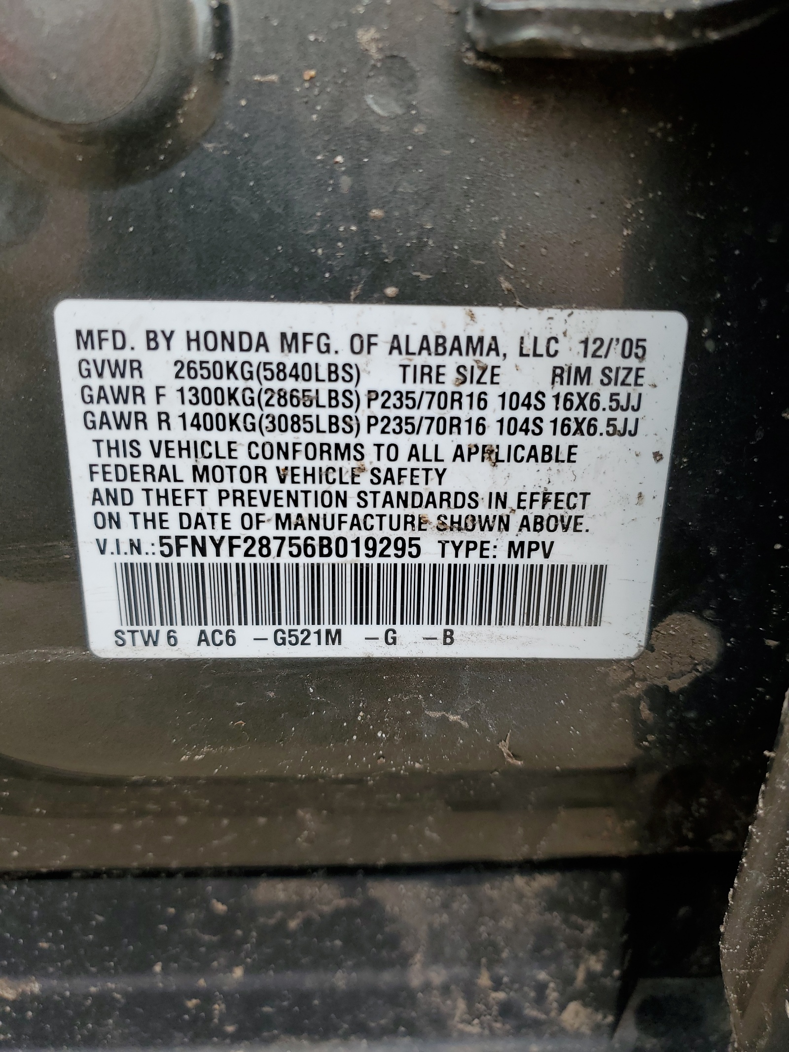 5FNYF28756B019295 2006 Honda Pilot Ex