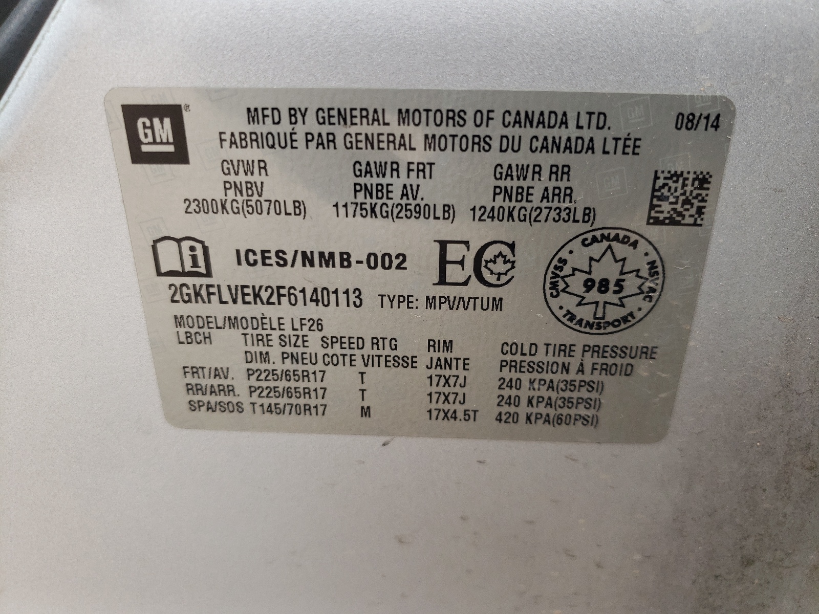 2GKFLVEK2F6140113 2015 GMC Terrain Sle