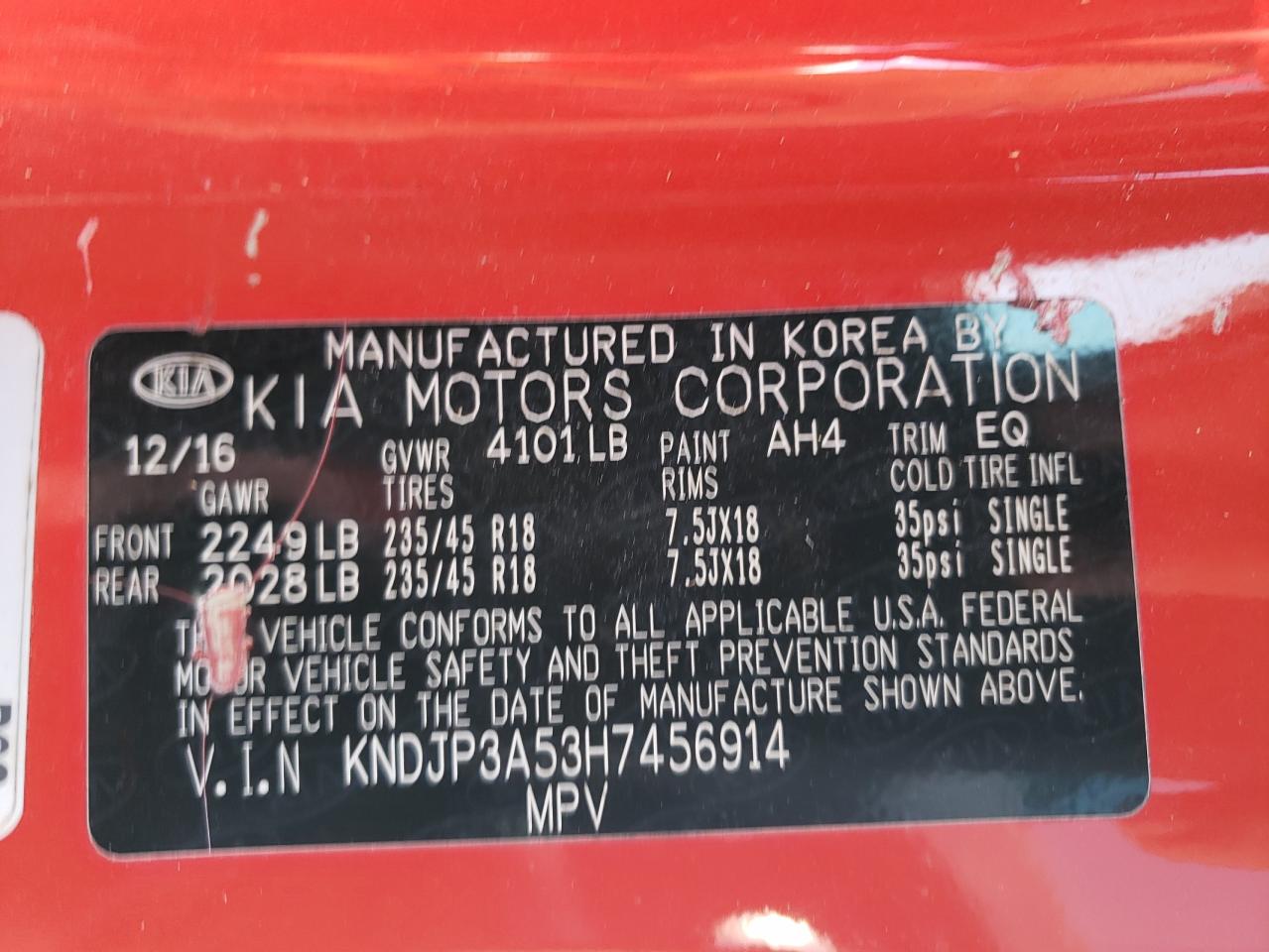 2017 Kia Soul + VIN: KNDJP3A53H7456914 Lot: 57848954