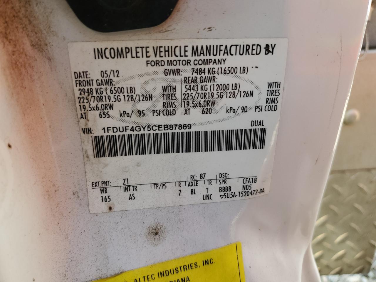 2012 Ford F450 Super Duty VIN: 1FDUF4GY5CEB87869 Lot: 64998474