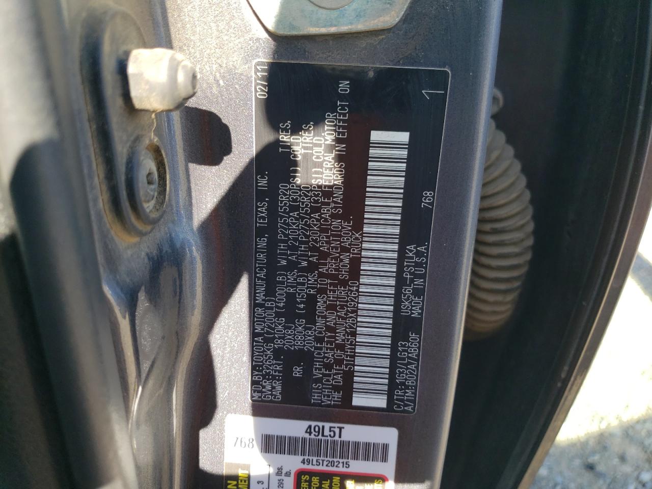 2011 Toyota Tundra Crewmax Limited VIN: 5TFHY5F12BX192640 Lot: 57776444