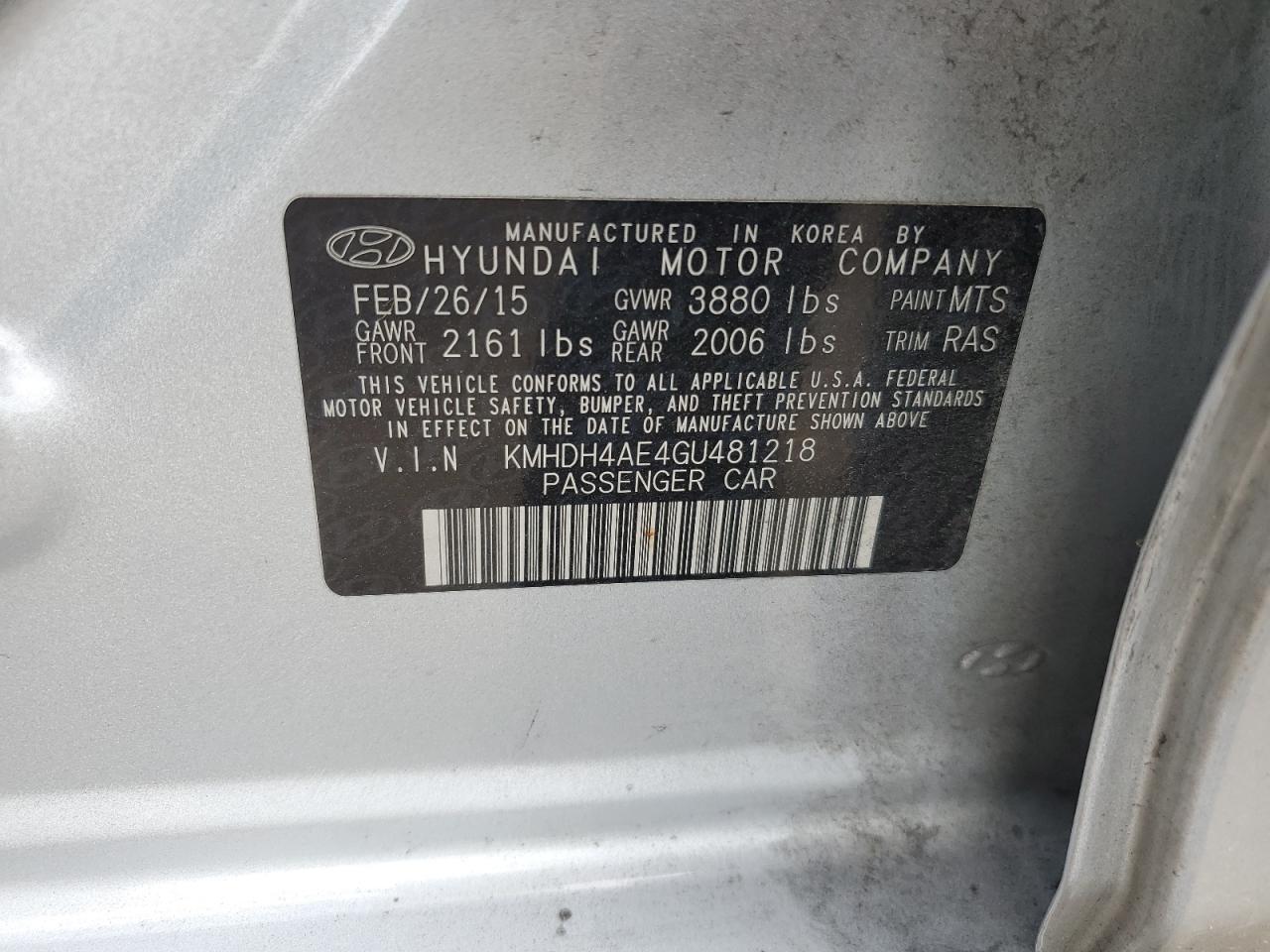 2016 Hyundai Elantra Se VIN: KMHDH4AE4GU481218 Lot: 60832654