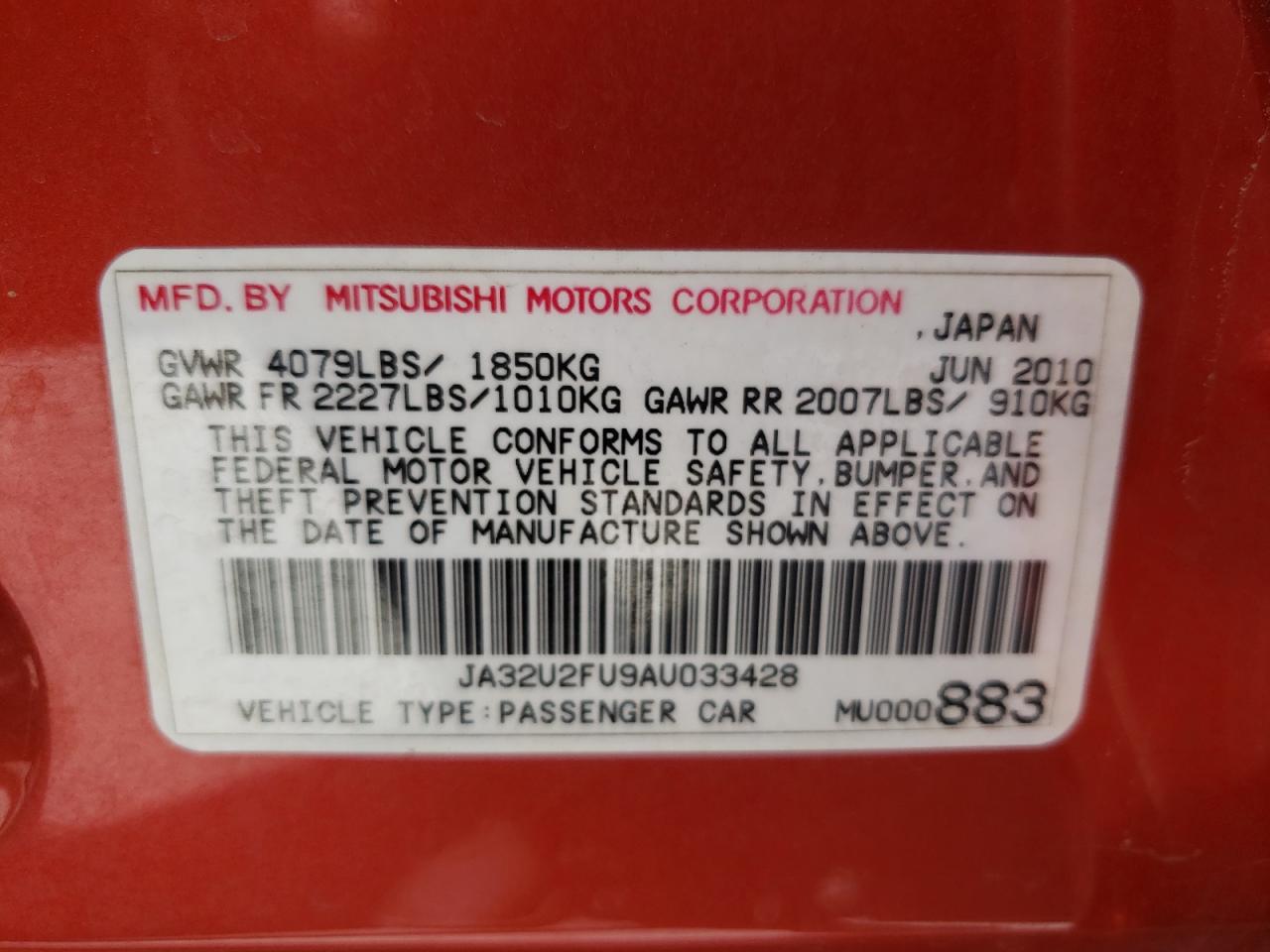 2010 Mitsubishi Lancer Es/Es Sport VIN: JA32U2FU9AU033428 Lot: 57764234