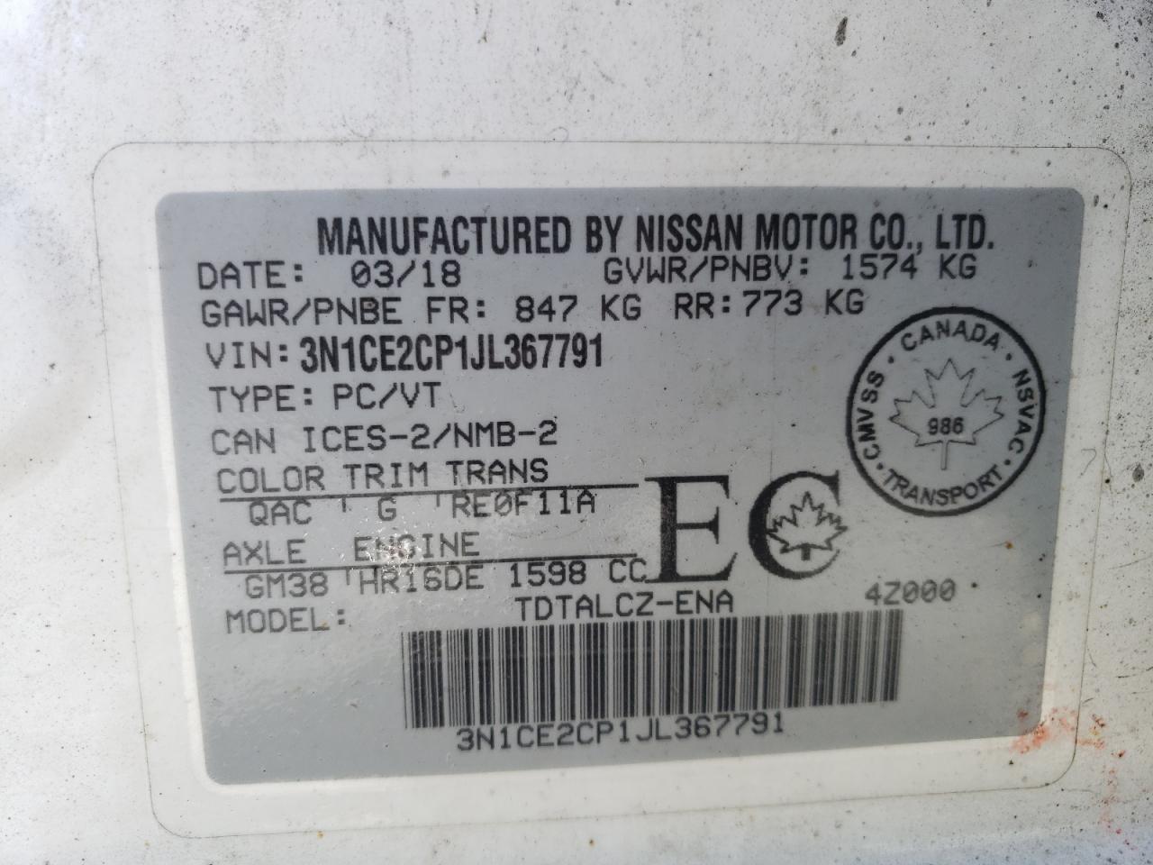 3N1CE2CP1JL367791 2018 Nissan Versa Note S