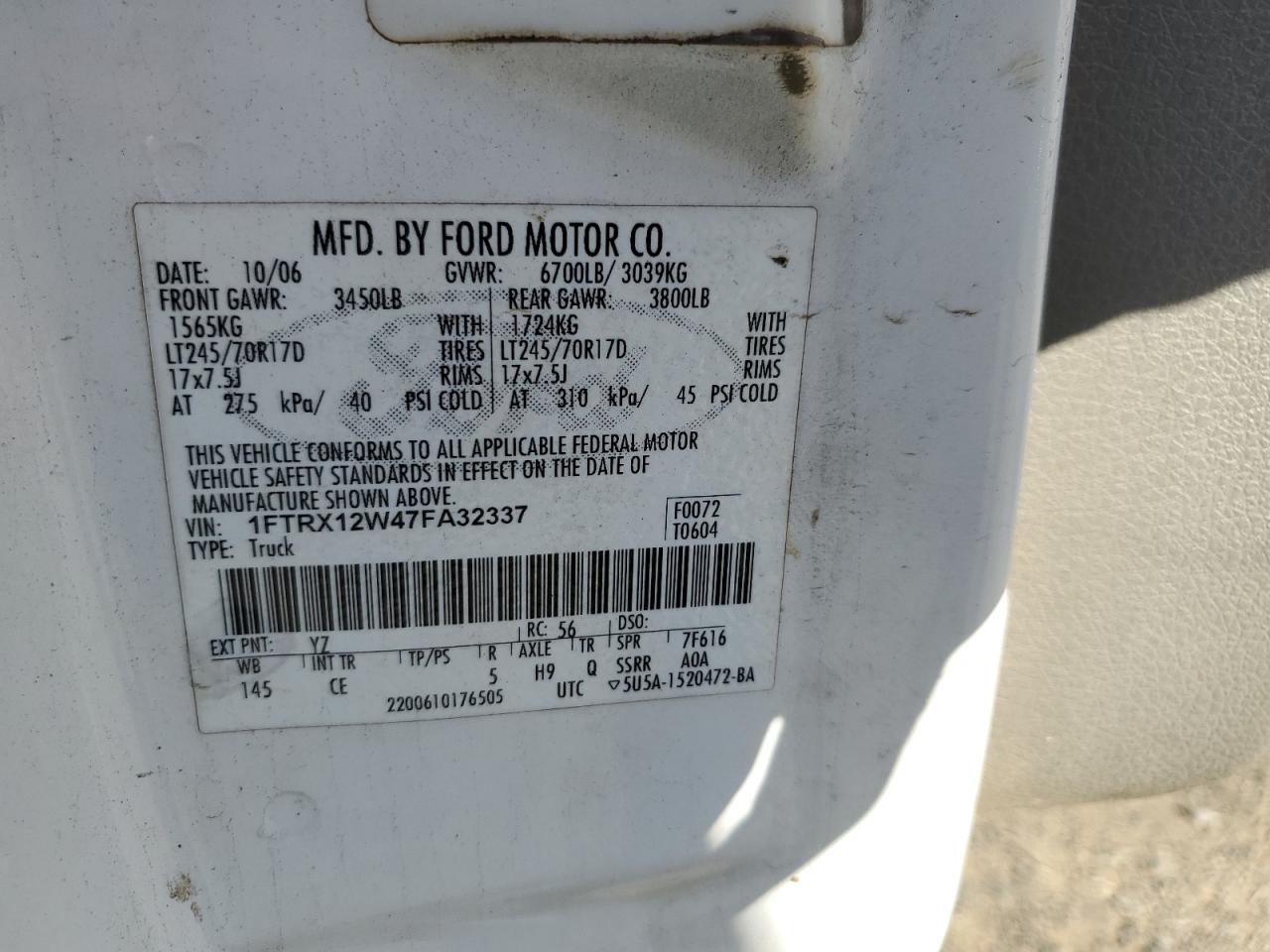 2007 Ford F150 VIN: 1FTRX12W47FA32337 Lot: 59131844