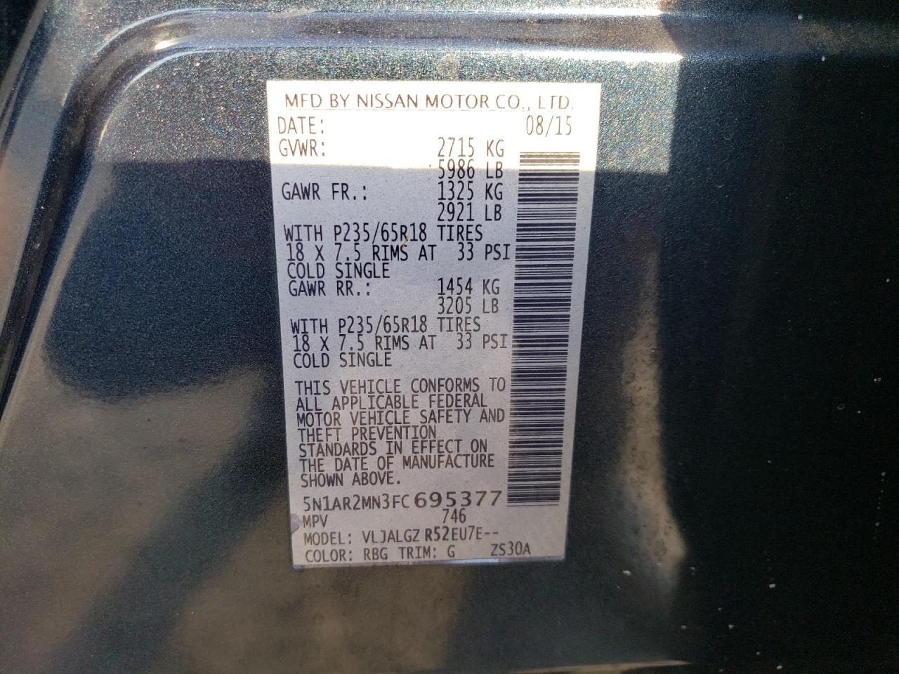 2015 Nissan Pathfinder S VIN: 5N1AR2MN3FC695377 Lot: 60587894