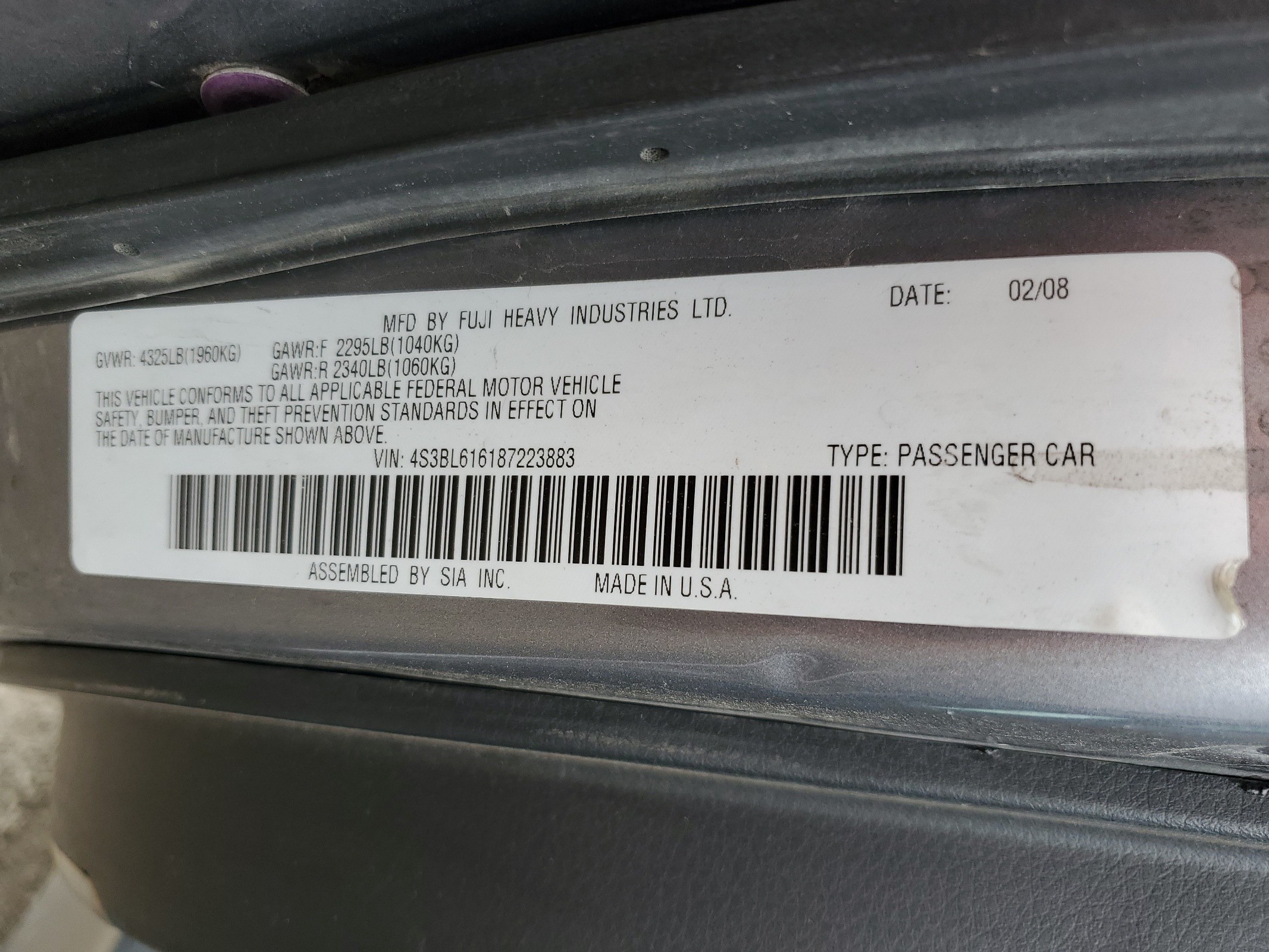 4S3BL616187223883 2008 Subaru Legacy 2.5I