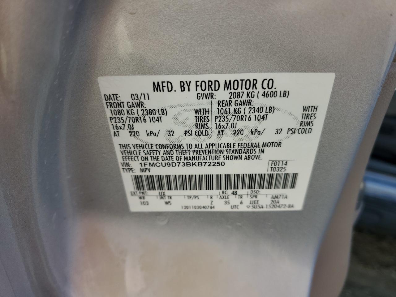 2011 Ford Escape Xlt VIN: 1FMCU9D73BKB72250 Lot: 58685864