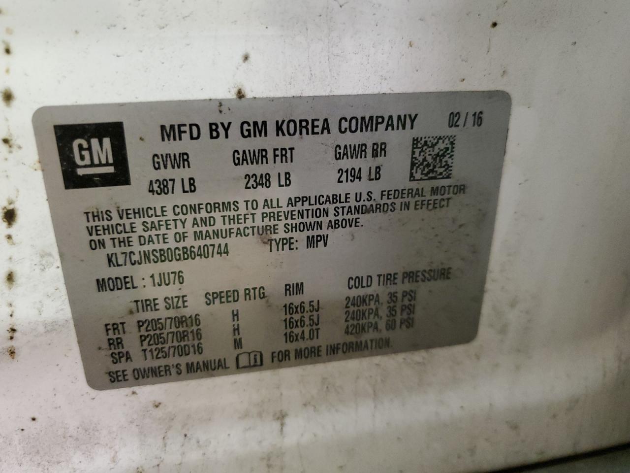 2016 Chevrolet Trax Ls VIN: KL7CJNSB0GB640744 Lot: 60103004