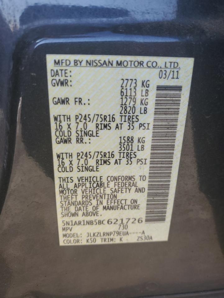 2011 Nissan Pathfinder S VIN: 5N1AR1NB5BC621726 Lot: 57914084