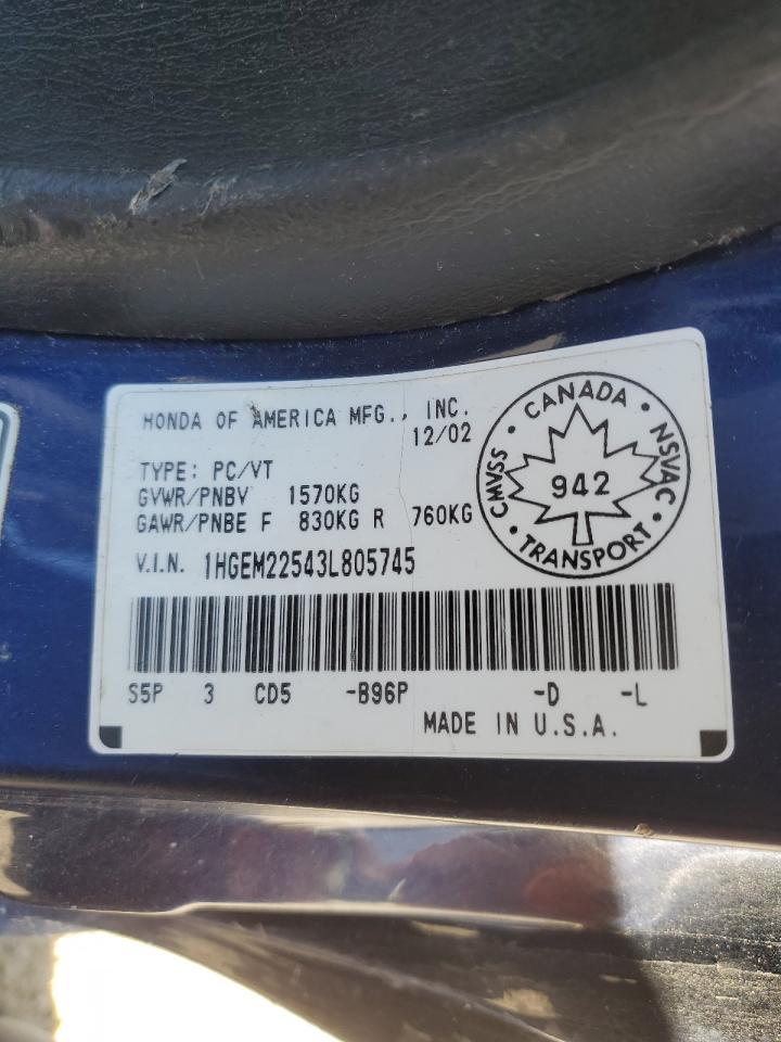 2003 Honda Civic Lx VIN: 1HGEM22543L805745 Lot: 60062584