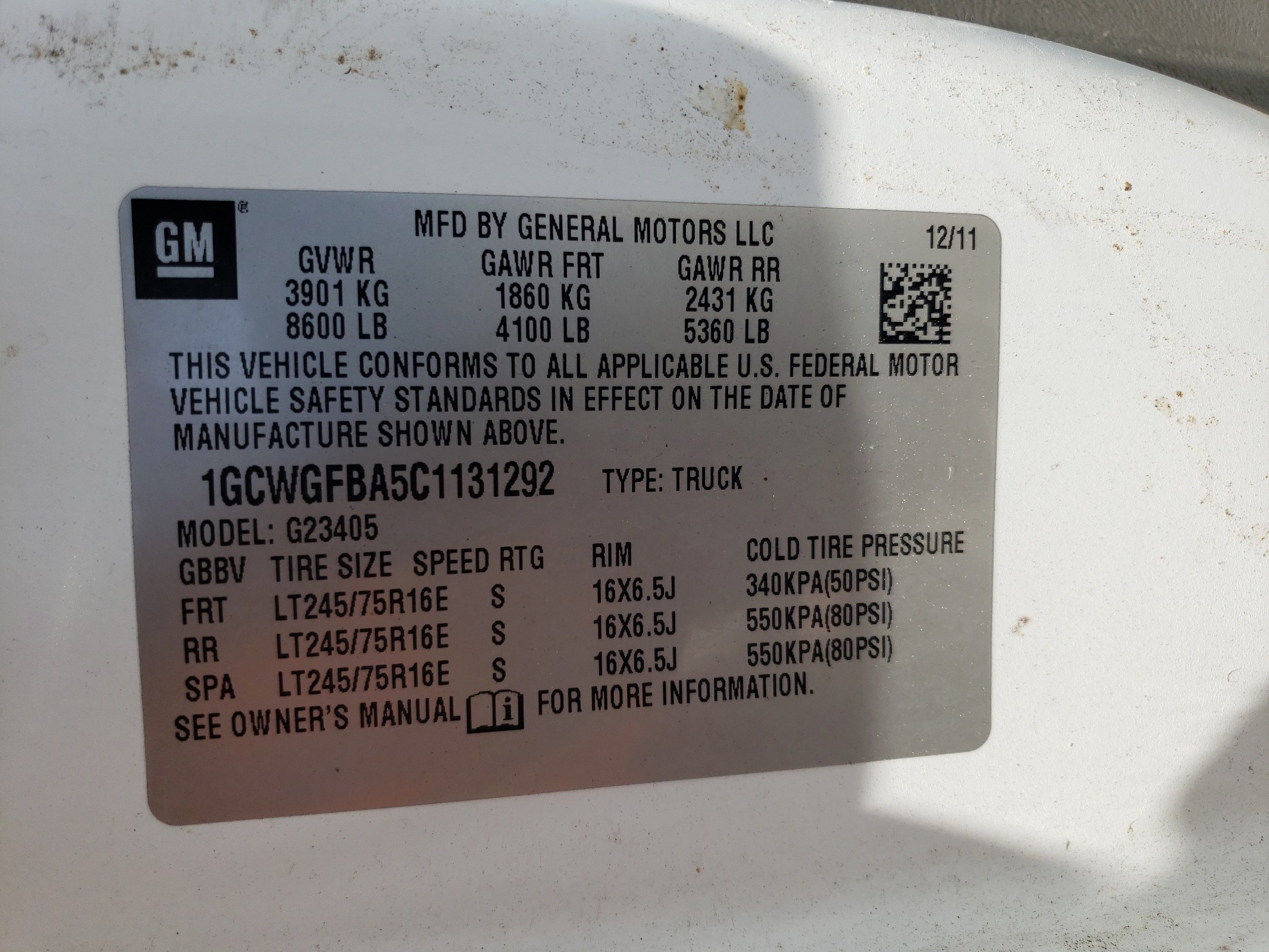 1GCWGFBA5C1131292 2012 Chevrolet Express G2500