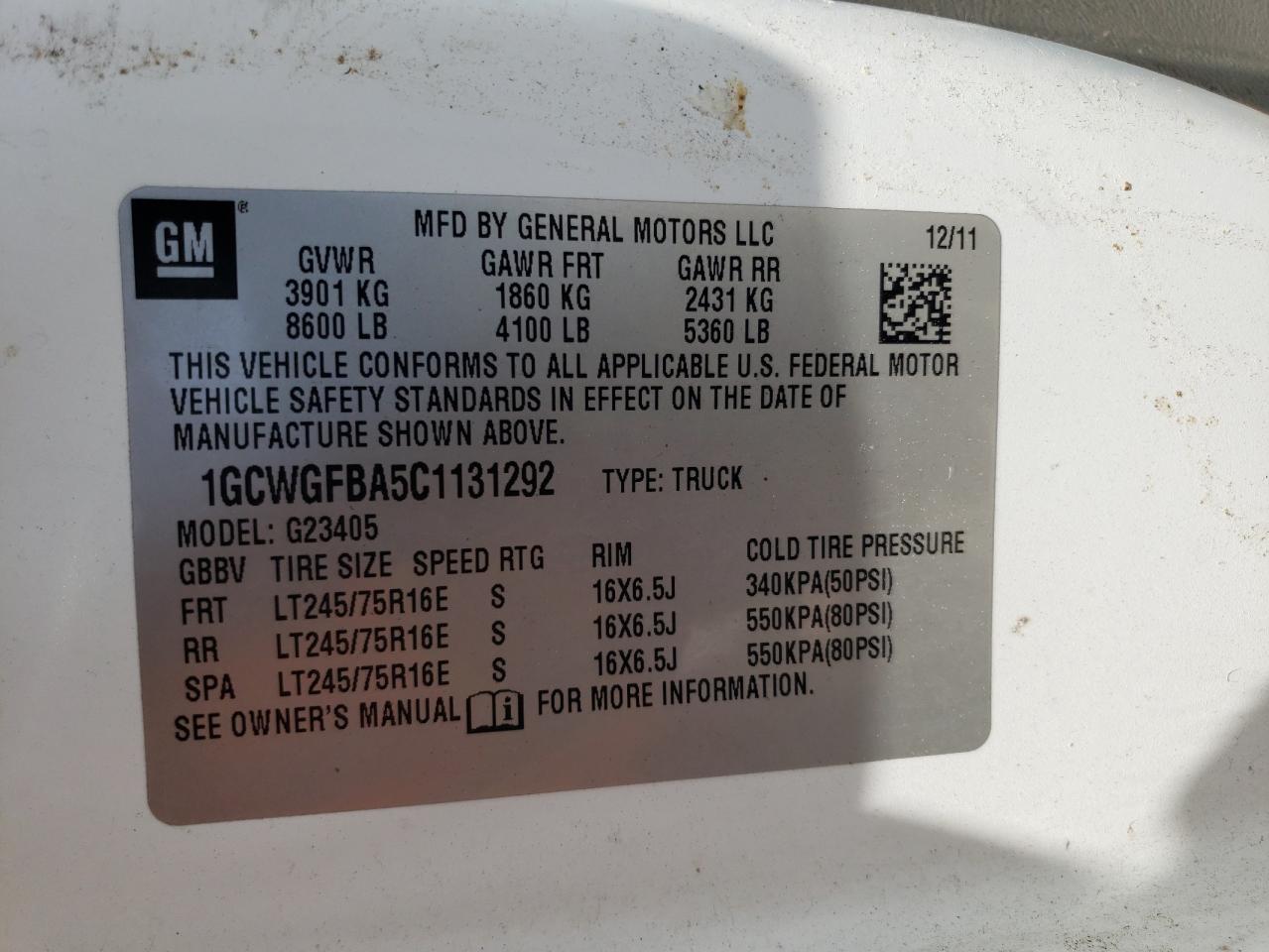 2012 Chevrolet Express G2500 VIN: 1GCWGFBA5C1131292 Lot: 57337424