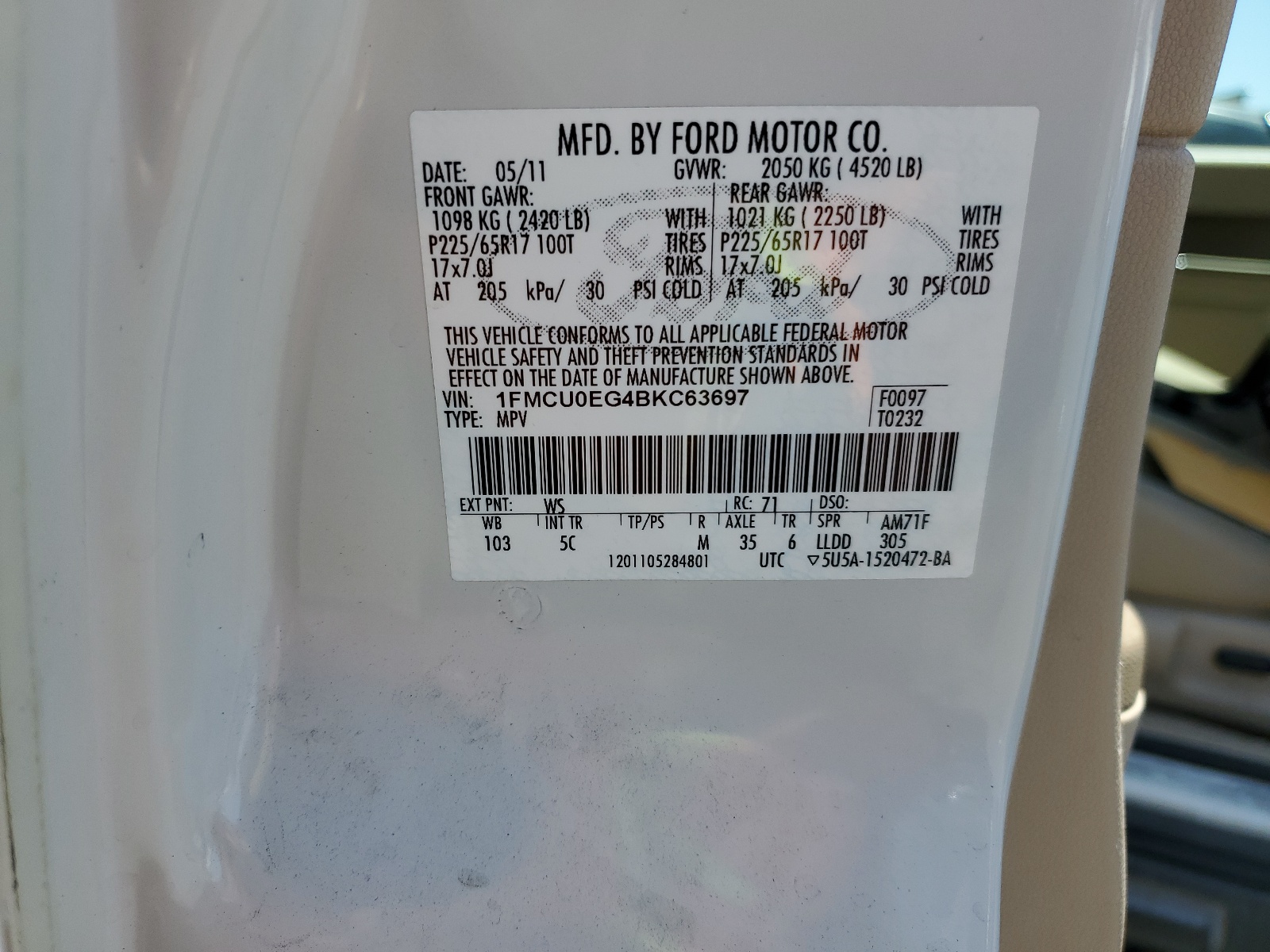 1FMCU0EG4BKC63697 2011 Ford Escape Limited