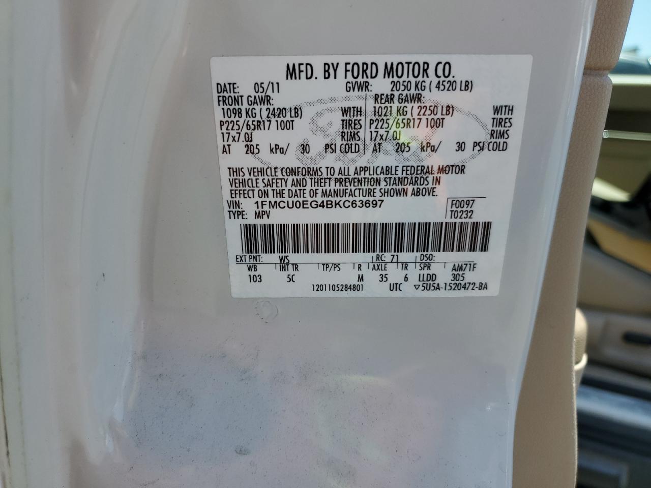 2011 Ford Escape Limited VIN: 1FMCU0EG4BKC63697 Lot: 56740234