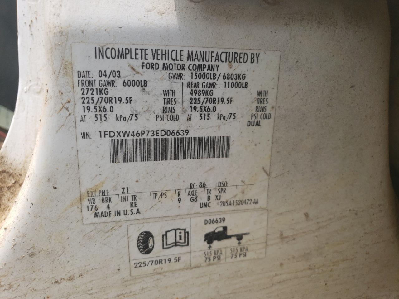 2003 Ford F450 Super Duty VIN: 1FDXW46P73ED06639 Lot: 58907074