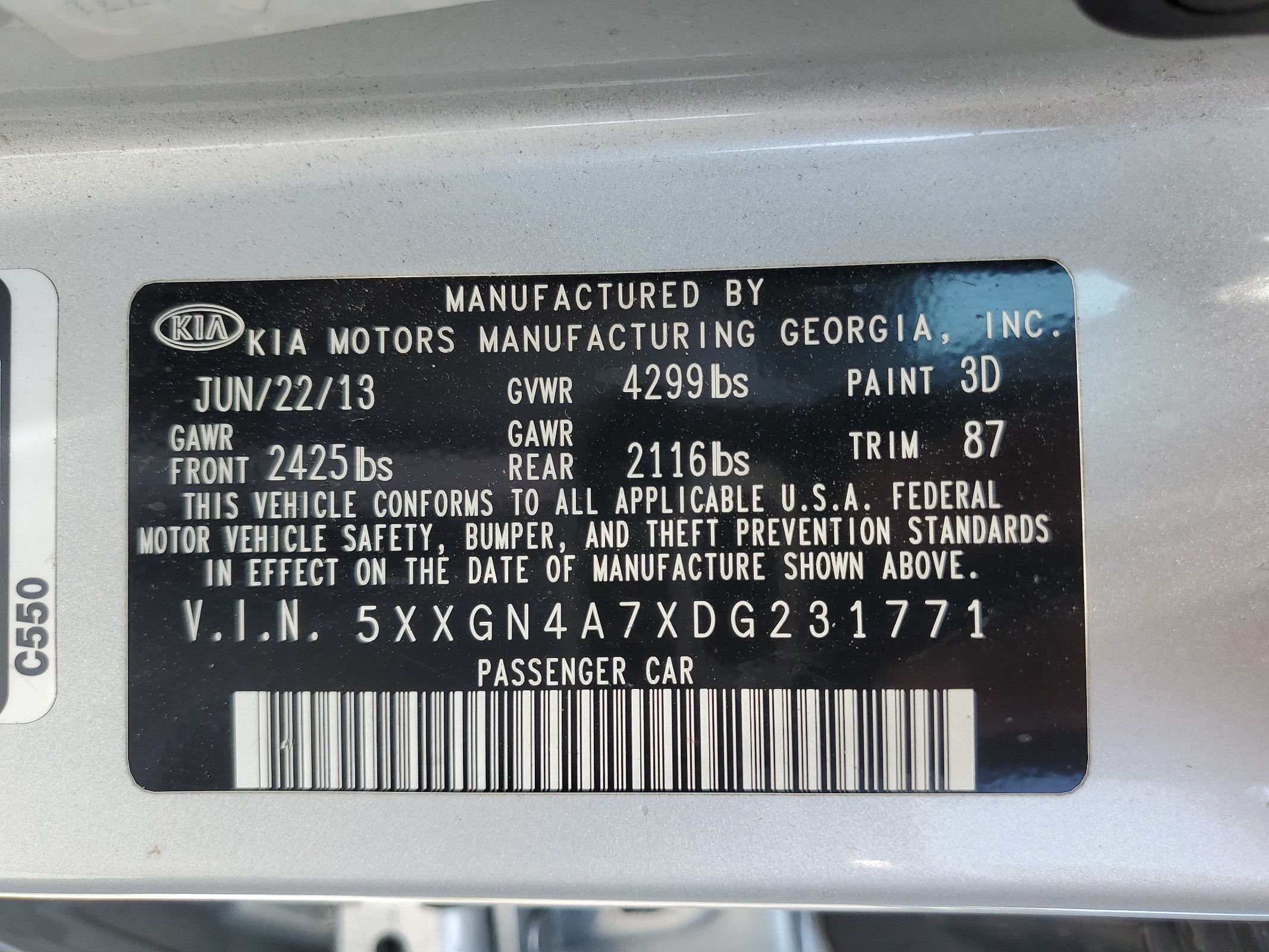 5XXGN4A7XDG231771 2013 Kia Optima Ex