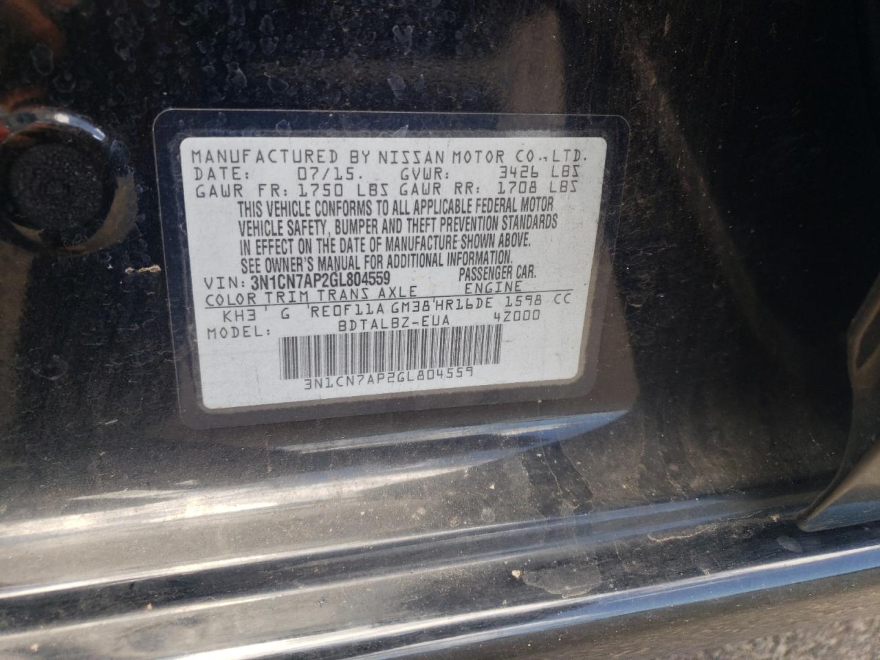 2016 Nissan Versa S VIN: 3N1CN7AP2GL804559 Lot: 60138124