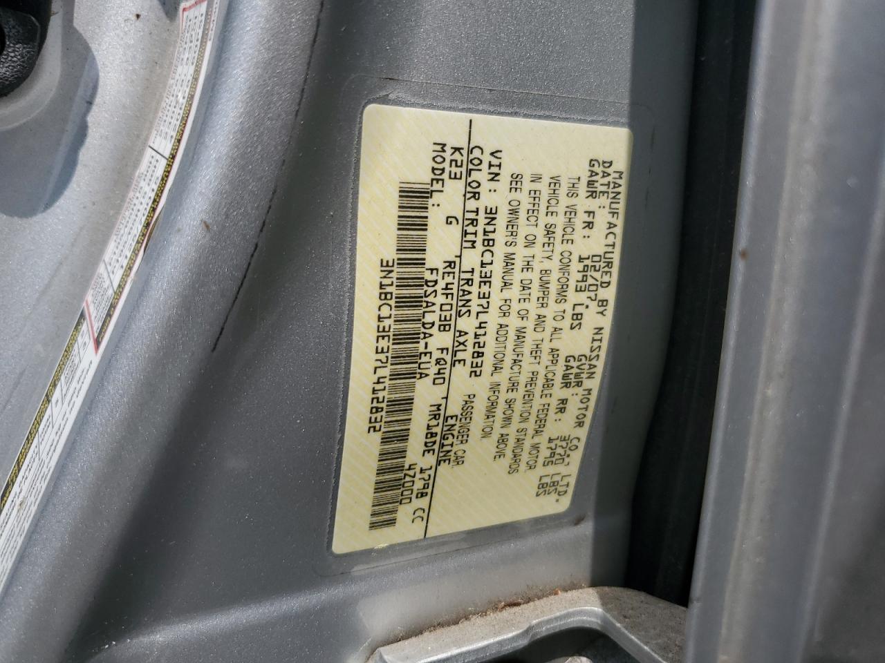 2007 Nissan Versa S VIN: 3N1BC13E37L412832 Lot: 57608164