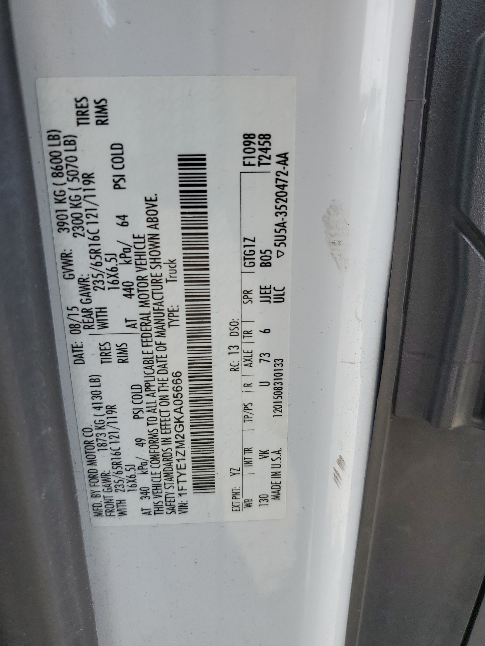 1FTYE1ZM2GKA05666 2016 Ford Transit T-150