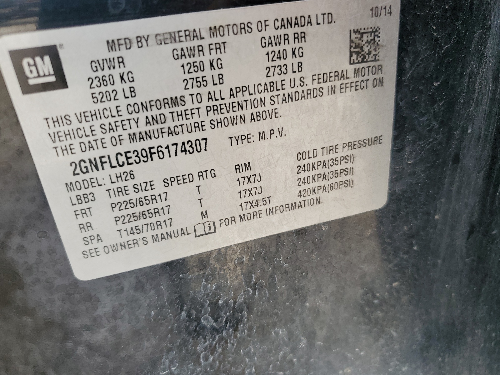 2GNFLCE39F6174307 2015 Chevrolet Equinox Lt