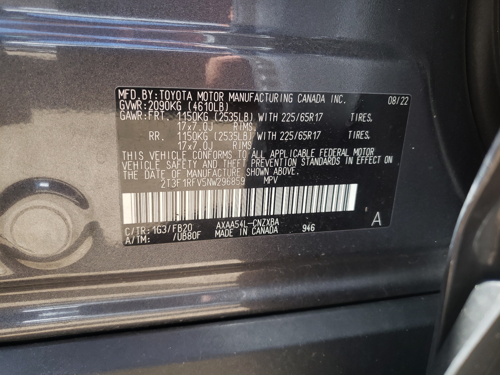 2T3F1RFV5NW296859 2022 Toyota Rav4 Le