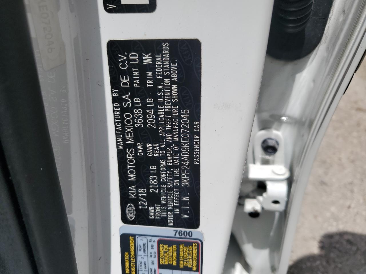 2019 Kia Forte Fe VIN: 3KPF24AD9KE072046 Lot: 61216564