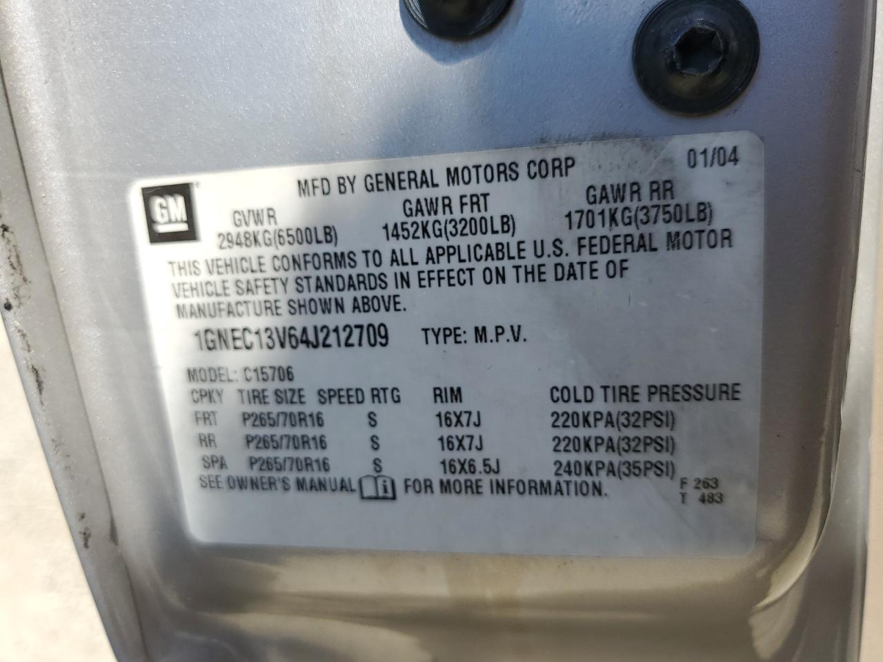 2004 Chevrolet Tahoe C1500 VIN: 1GNEC13V64J212709 Lot: 57434024