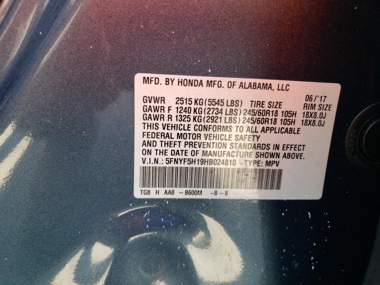 2017 Honda Pilot Lx VIN: 5FNYF5H19HB024810 Lot: 58948004