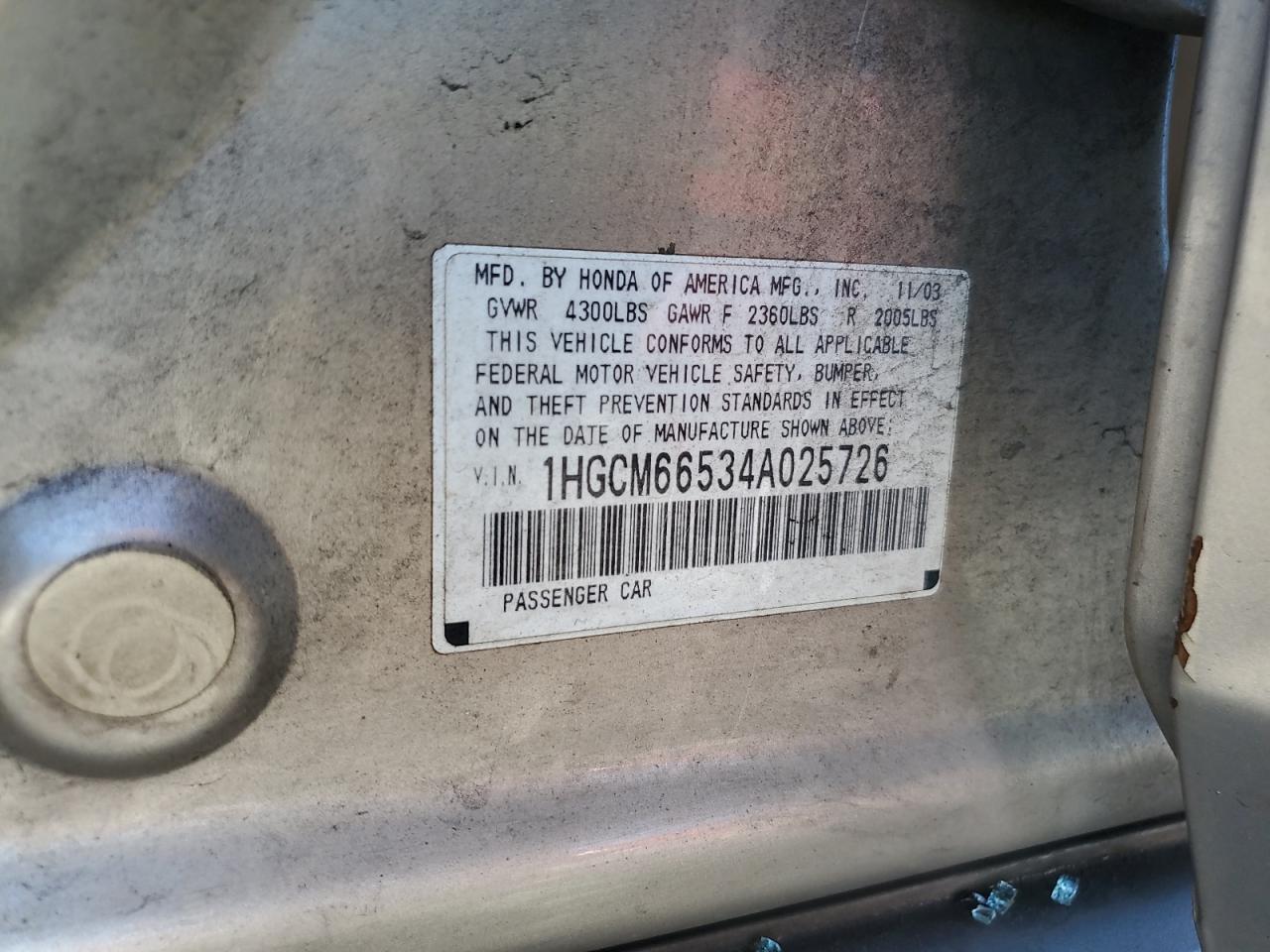 1HGCM66534A025726 2004 Honda Accord Ex