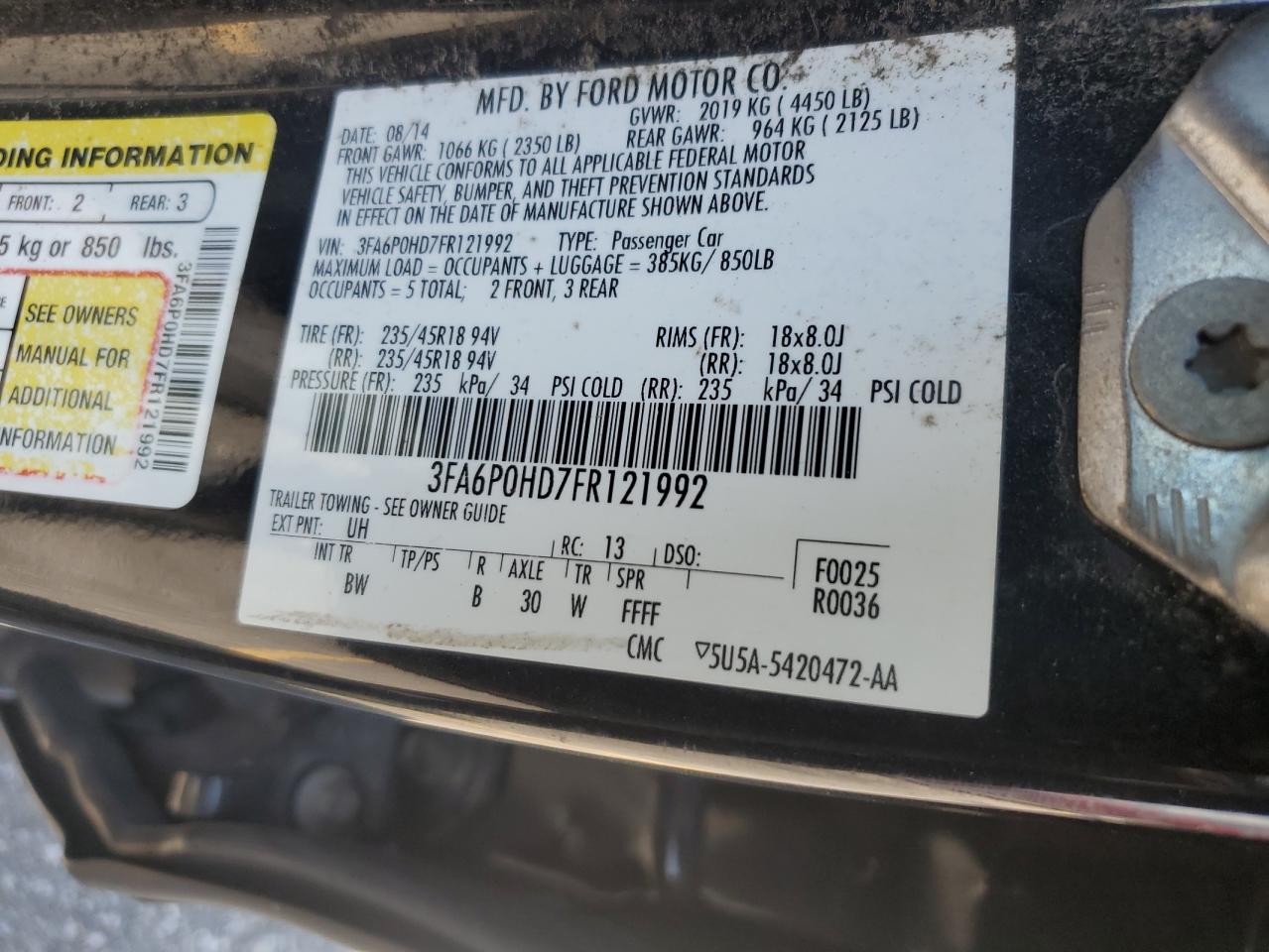 2015 Ford Fusion Se VIN: 3FA6P0HD7FR121992 Lot: 61038274