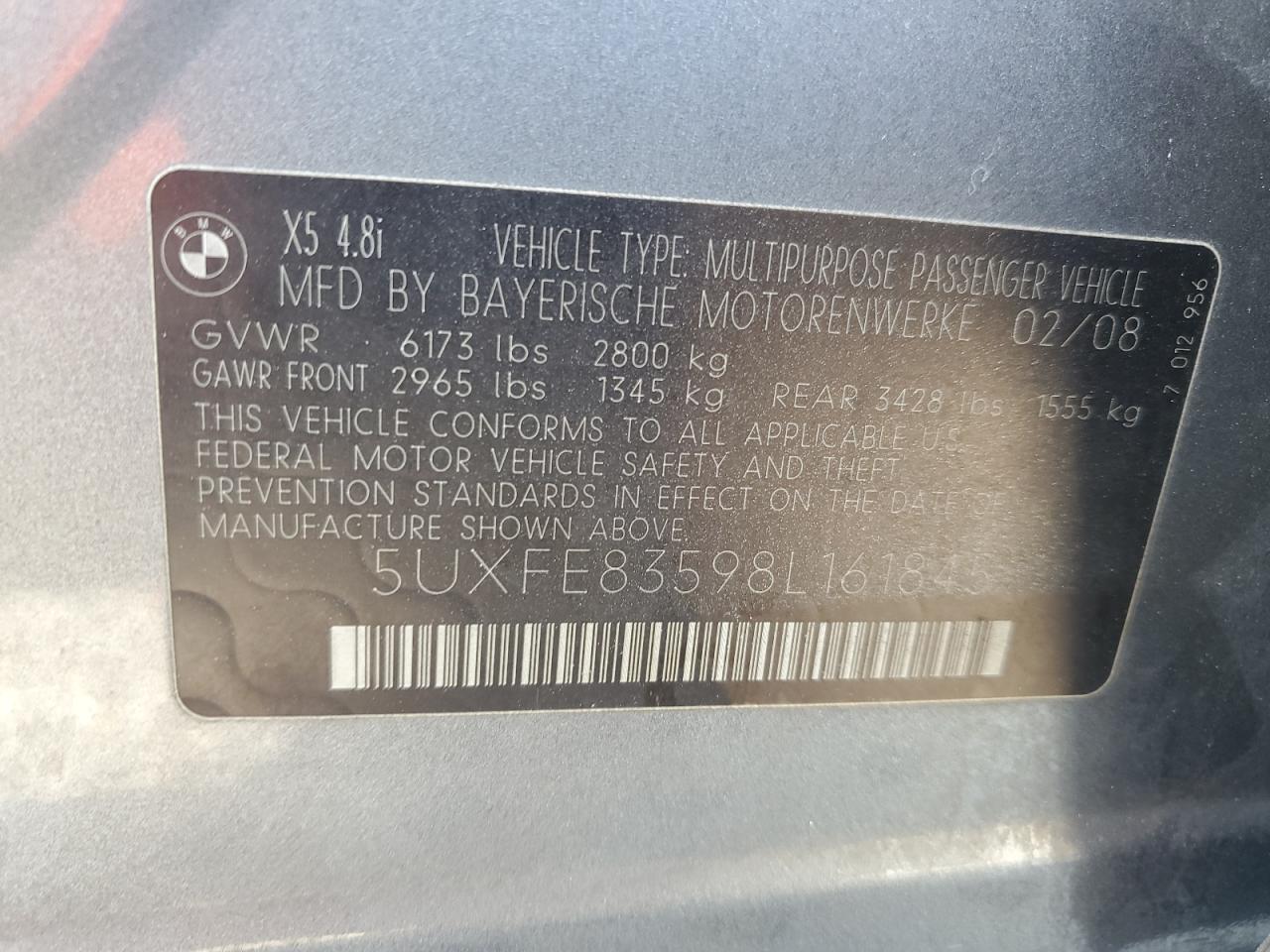 2008 BMW X5 4.8I VIN: 5UXFE83598L161845 Lot: 61281364